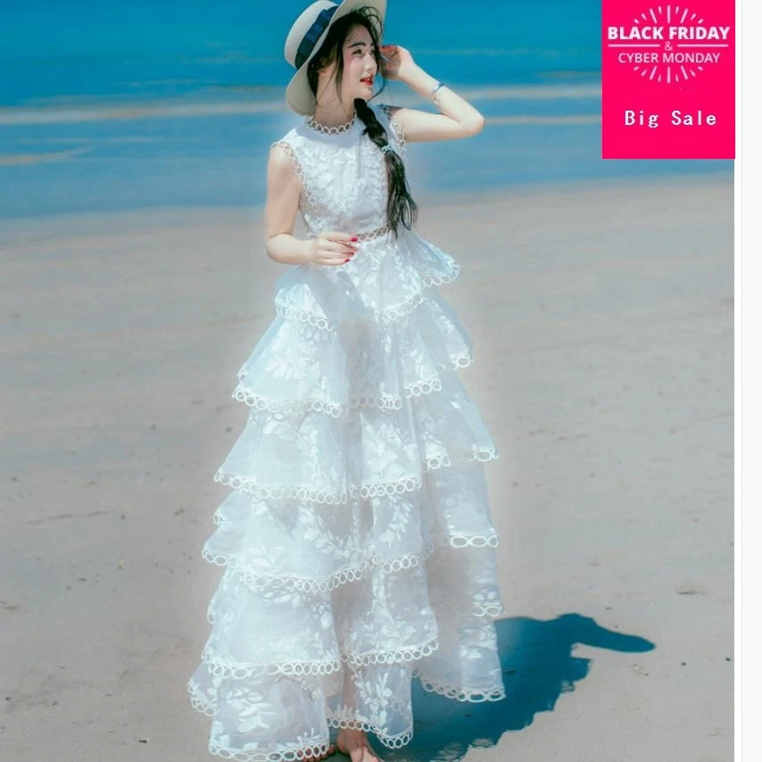 

Bohemian ankle-length dress 2019 new summer white lace Patchwork ball gown big pendulum fairy cake dress sleeveless dress gx142
