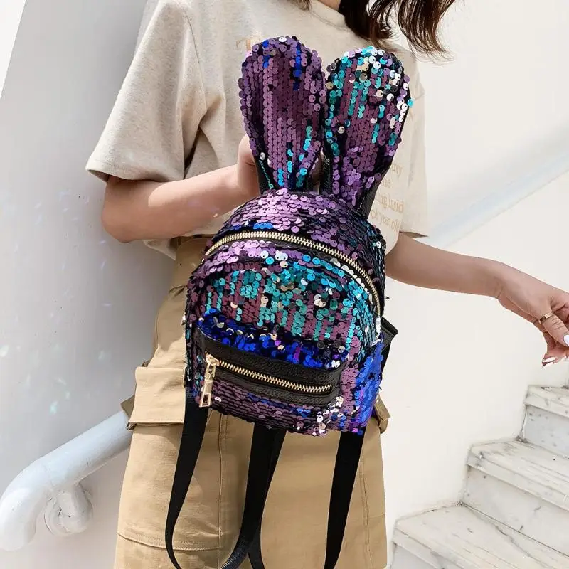 

3pcs/set Fashion Mini Shining Sequins School Backpack Women Rabbit Ears Rucksack Teenager Girl Shoulder Bags mochilas mujer New