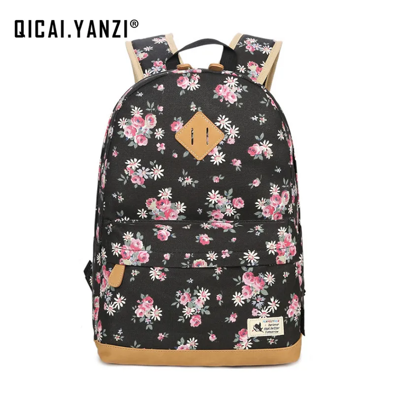 QICAI YANZI Teenager Girls Shool Bags Women Floral Softback Backpack Student Canvas Bagpack Female Tote Mochila