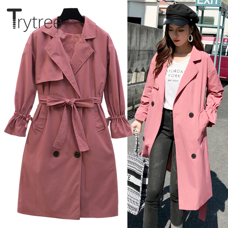 

Trytree Autumn Women Casual Pink Windbreakers Pockets Sashes Double Breasted Pleated Sleeves Office Lady Thin Solid Long Coats