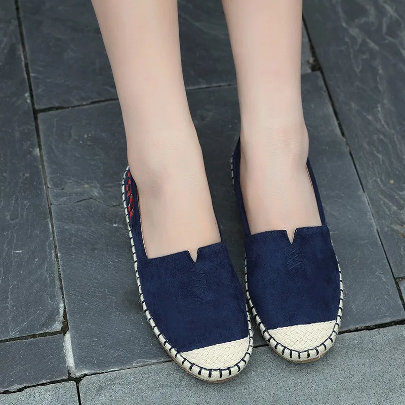 DongCiTaCi/женская повседневная обувь на плоской подошве; женские лоферы с круглым носком и вышивкой; женские мягкие слипоны; соломенные туфли-лодочки из пеньковой веревки в рыбацком стиле - Цвет: Синий