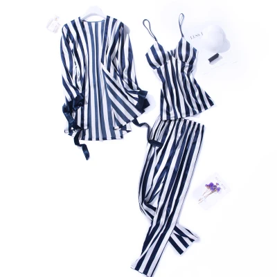 Herislim/атласные пижамные комплекты для женщин, полосатая пижама с длинными рукавами, топ на бретельках+ штаны+ халат, 3 предмета, пижама, ночная рубашка, Сексуальная Домашняя одежда - Цвет: navy blue