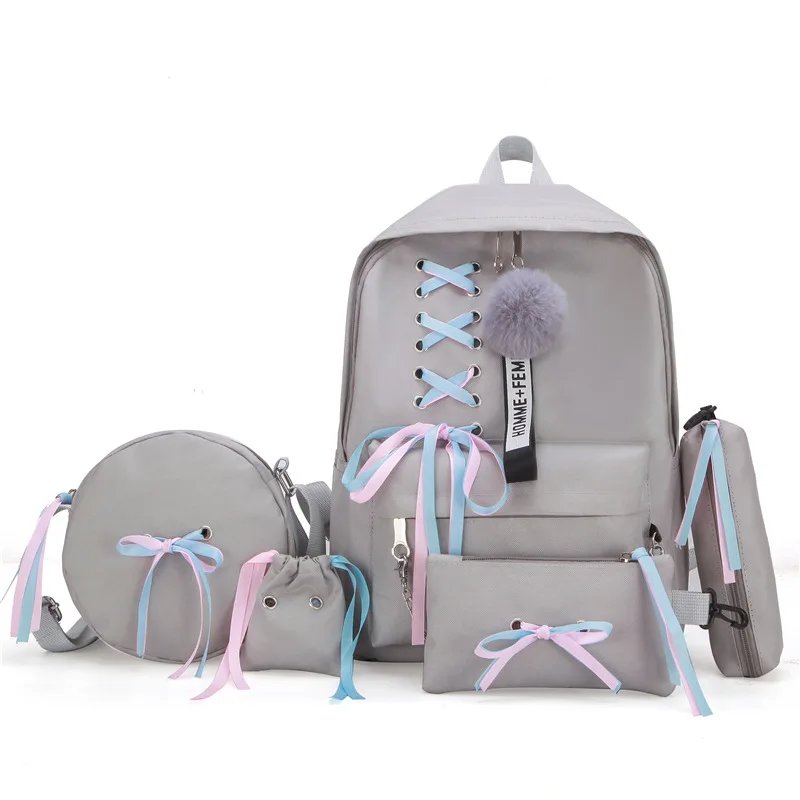 Women Backpack Korean Fashion Ribbon Bow 5pcs Cover Mother Bag Wild Large-capacity School Bag