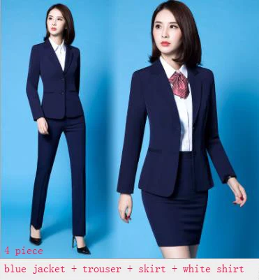 Корейский профессиональный женский комплект размера плюс, новинка, черная, синяя юбка, брючный костюм, офисный костюм для женщин, Блейзер, брюки, рубашка - Цвет: blue suit 4piece