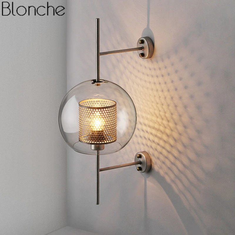 Billig Moderne Klar Glas Schatten Scones Wand Lampen für Schlafzimmer Bedsides Studie Hängen Lichter Loft Retro Eisen Spiegel Licht Net Leuchten