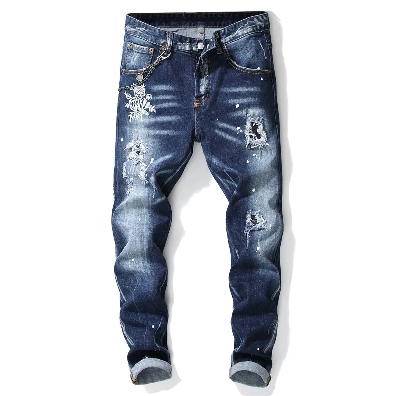 MORUANCLE Модные мужские Окрашенные Джинсы Hi Street Прямые рваные джинсовые брюки для мужчин потертые брюки с дырками Размер 28-38 - Цвет: 1001