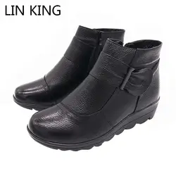LIN KING/женские зимние ботинки, кожаные полусапожки, теплая зимняя обувь, Нескользящие непромокаемые женские зимние ботинки с круглым носком