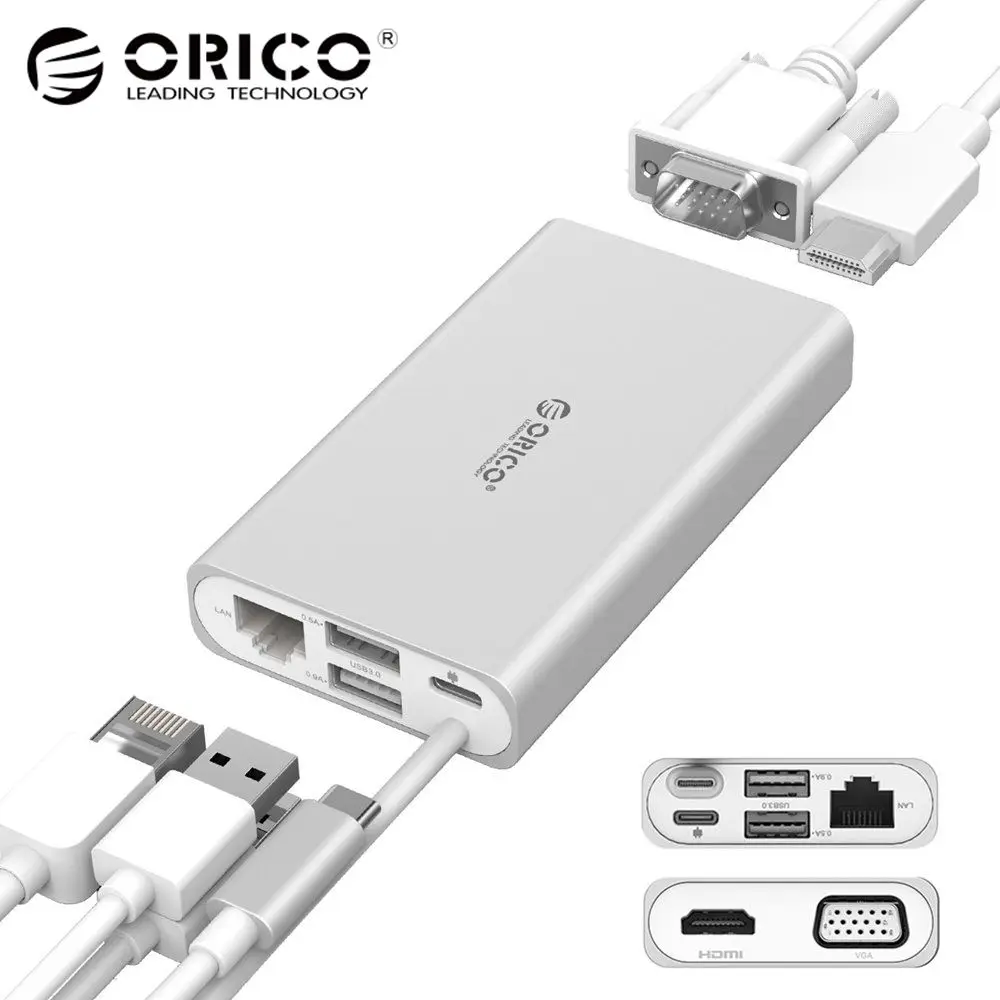 ORICO 5-in-1 USB-C USB C Hub with Type C Power Delivery 4K Video HD RJ45 Network Converter USB HUB for MacBook Pro Type-C HUB orico orico rcv3a type c для преобразователя vga hd usb3 0 usb c 3 разветвителя hub концентратор silver