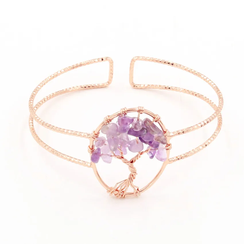 

FYJS Unique Jewelry Rose Gold Color Wire Tree of Life Natural Amethysts Stone Bangle