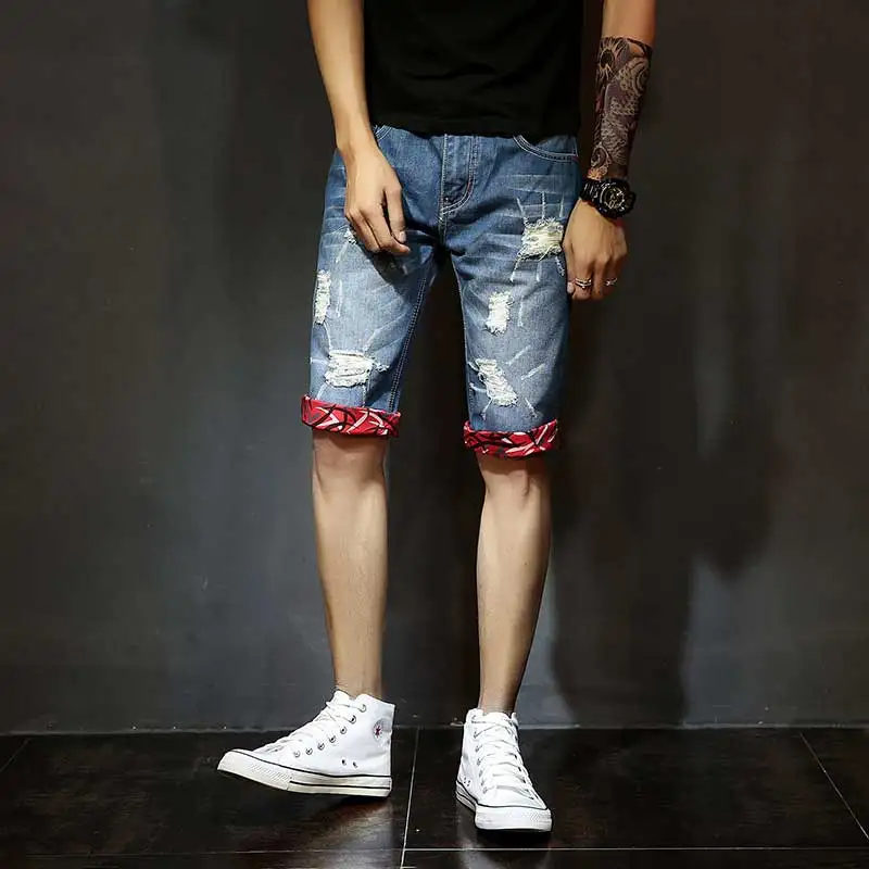 Denim Men s Short Jeans Cuff Fashion Casual Short Trousers with Holes