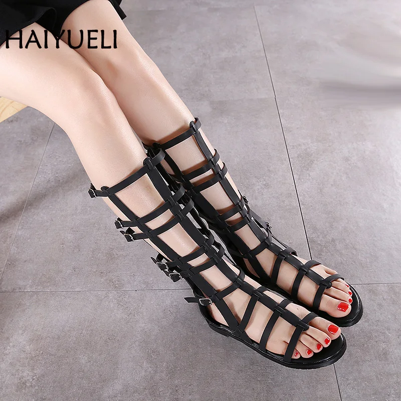 

Summer Gladiator Sandals Women Flat Shoes With Ankle Straps Long Boots Black/White Casual Sandals Ladies Boots Roman Shoes