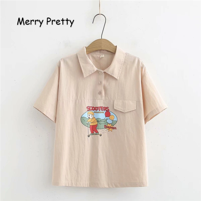 

Merry Pretty Women Cartoon Print Short Sleeve Blouses And Tops 2019 Summer Turndown Collar Cotton Shirts Femme Casual Blouses
