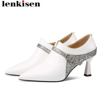 

2019 new sequined british style office lady high heels zip genuine leather oxford pointed toe buckle decoration dress pumps L12
