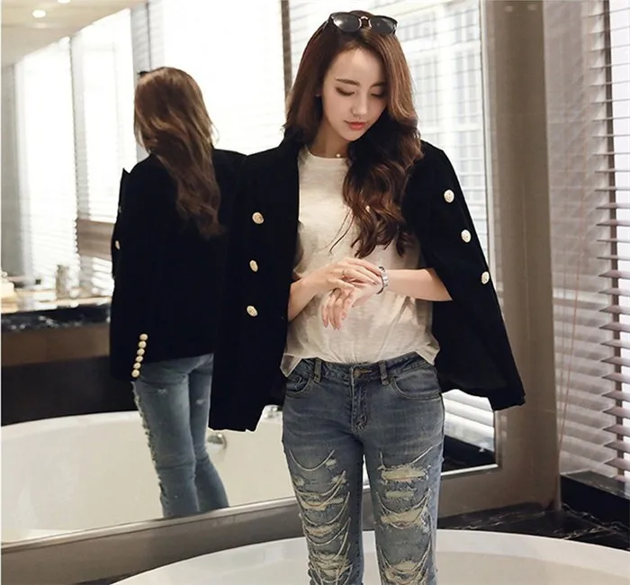 2016 New Spring Fashion Women Midnight Navy Slim Velvet Blazer Jacket Double Breasted simple Lady Blazers (1)