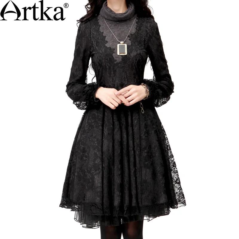 

ARTKA Women'S Summer Hepburn Elegant Turtleneck Short Puff Sleeve Slim Waist Embroidery Lace Faux Two Piece Dress LA10035D