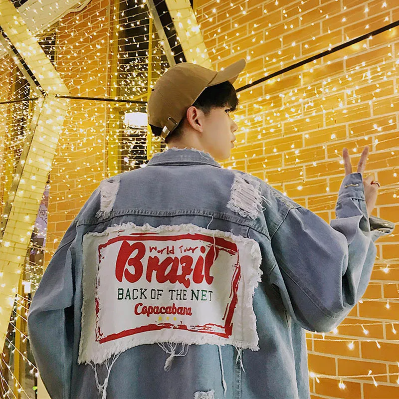 

Wholesale 2019 Spring autumn back patch Harajuku bf hip hop street men's hole washed tassel denim clothing loose fashion jacket