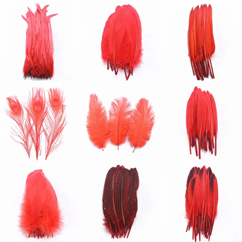 

Beautiful 20pcs 16kinds Red pheasant Rooster chicken Duck feather 5-30cm Ostrich Peacock Turkey Goose feathers DIY crafts plumes
