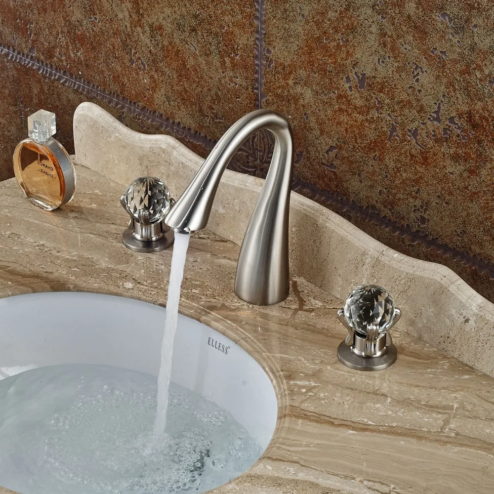 Brushed Nickel Dual Crystal Handles Basin Sink Faucet Deck Mount 3 Holes Bathroom Mixer Taps цена Brushed Nickel Dual Crystal Handles Basin Sink Faucet Deck Mount 3 Holes Bathroom Mixer Taps цены онлайн
