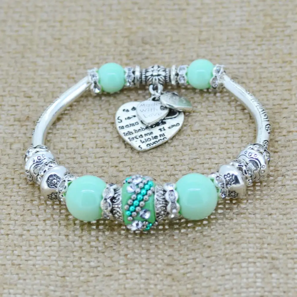 

silver love heart charm bracelet bangles glass beads strand bracelets fashion jewelry for women 2014
