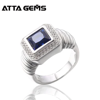

Blue Sapphire Sterling Silver Rings for Men Princess Cut 8mm Faced Created Sapphire Men's Wedding Band Classic Style S925 Ring