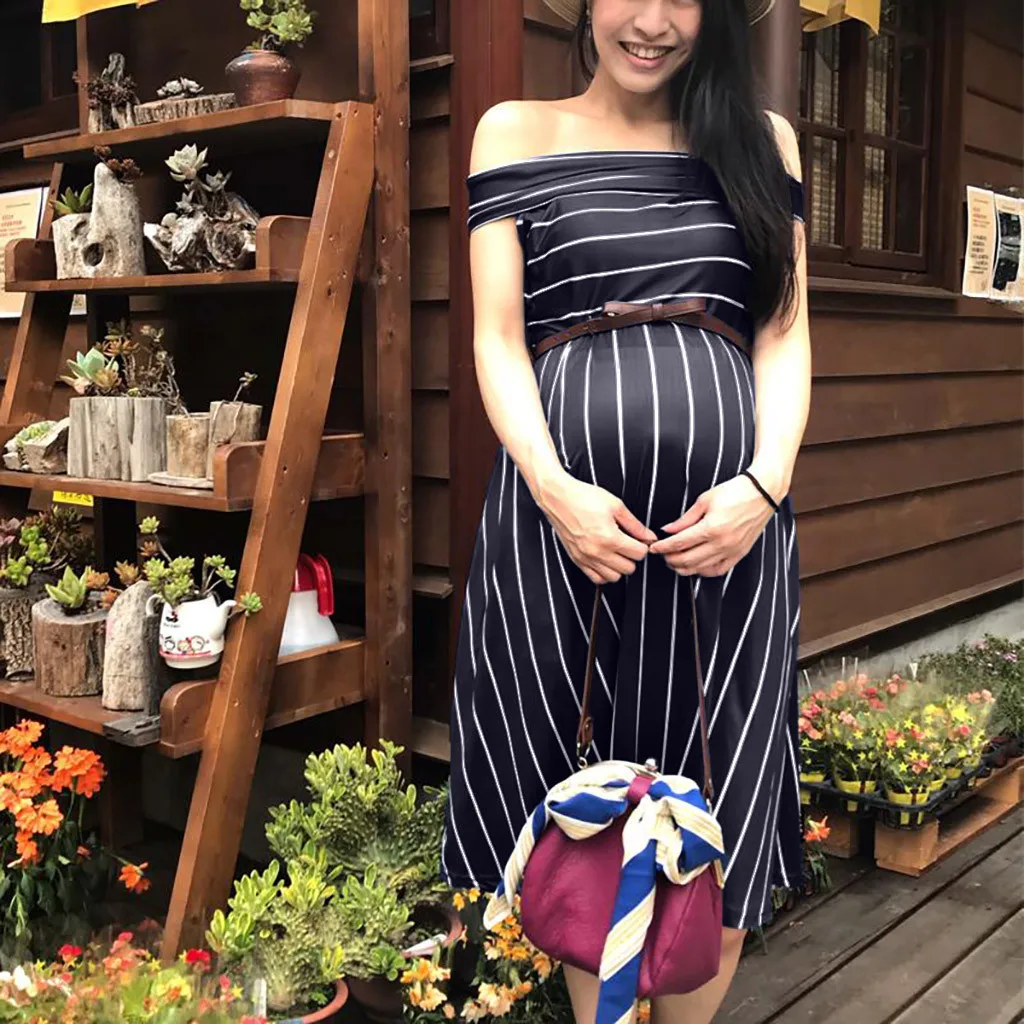 

2019 Summer Fashionable Maternity Short Sleeve Dress Clothing Women's Stripe Maternity One Word Collar Short Sleeve Dress