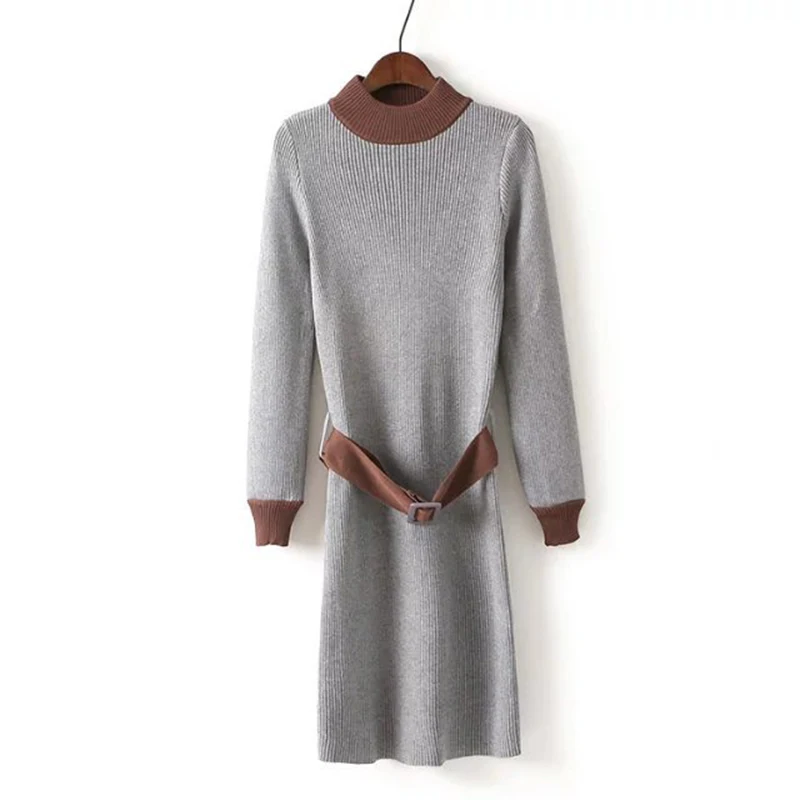 

2017 Turtleneck Long Knitted Sweater Dress Women Slim bodycon Dress Pullover Female Autumn winter Patchwork Dress Belt
