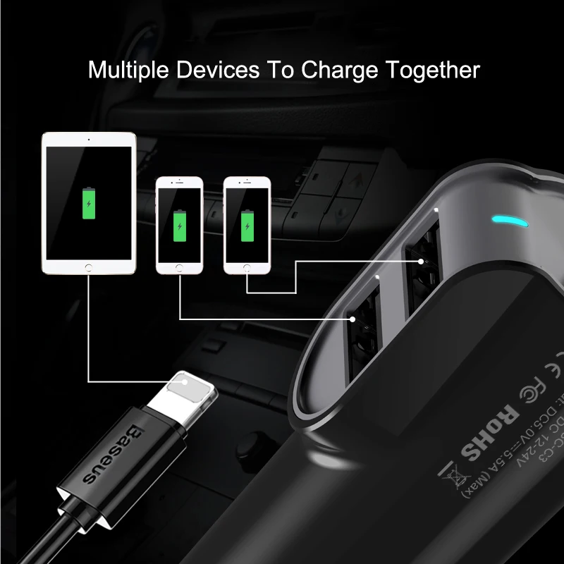 Автомобильное зарядное устройство Baseus с двумя USB портами адаптер для быстрой