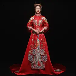 Для женщин Восточный китайский Qipao азиатских невесты свадебное платье со шлейфом платье сучжоуская вышивка павлином Хан фу Костюмы костюм