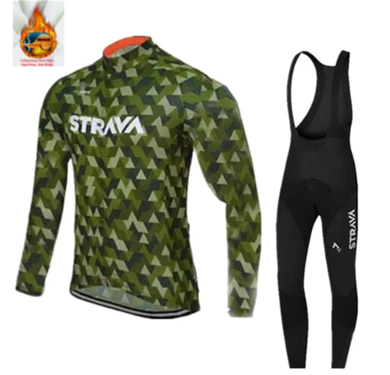 

2018 Winter TEAM STRAVA New thermal fleece Cycling JERSEY Bike Pants set mens 9D pads Ropa Ciclismo Cycling wear Maillot Culotte