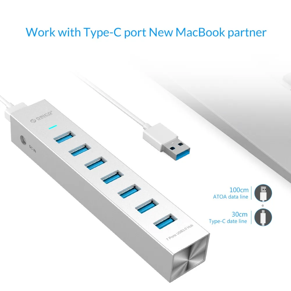 ORICO Алюминий 7 Порты usb-концентратор USB3.0 концентратор высокой Скорость до 5Gbs USB разветвитель Usb концентратор с Мощность адаптер для компьютера Usb HUB