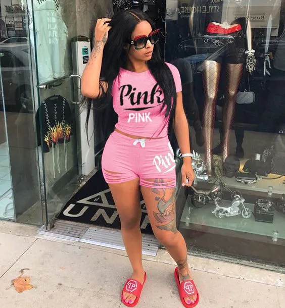 

Fashion Summer Love Pink Tracksuit Two Piece Outfits for Women Ripped 2 Piece Set Letter Print T Shirt Top And Shorts Suit