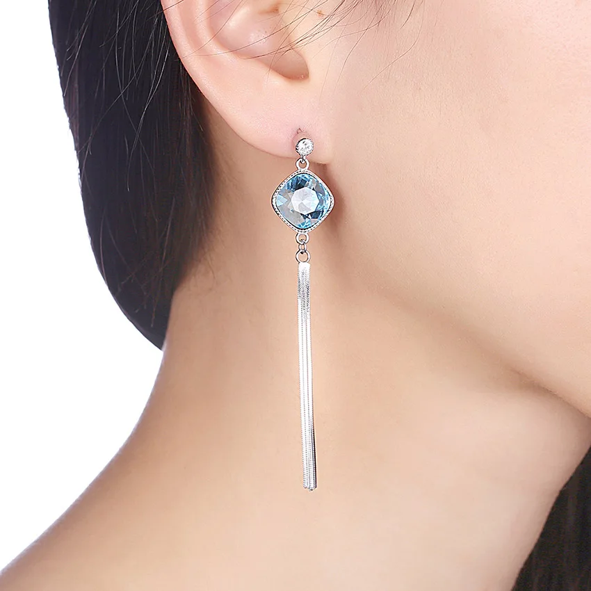 Серьги женские из серебра 925 пробы с синими квадратными