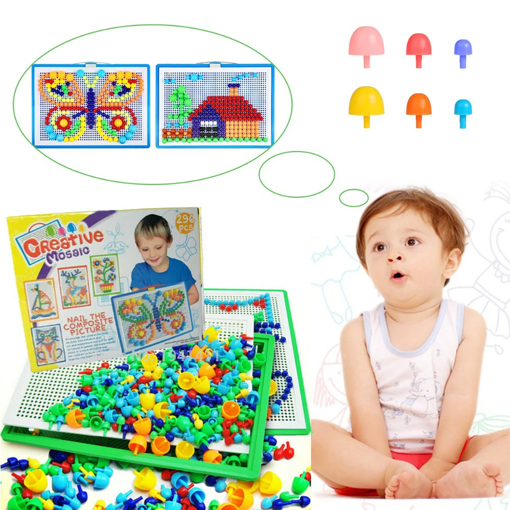 

296 Pcs Children 7 Color Creative Flashboard DIY Mushroom Nail Beads 3 D Puzzle