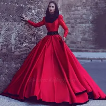 Red Muslim Evening Dresses Hijab Long Sleeve High Neck Satin Dubai Lady Formal Gowns 2017 Prom Party Dress Robe De Soiree Longue