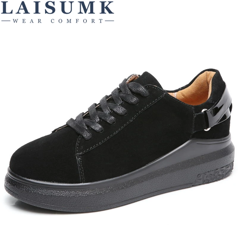 

LAISUMK Spring Women Platform Sneaker Shoes Suede Leather Lace Up Ladies Moccasins Green casual Shoes female Footwear Creeper