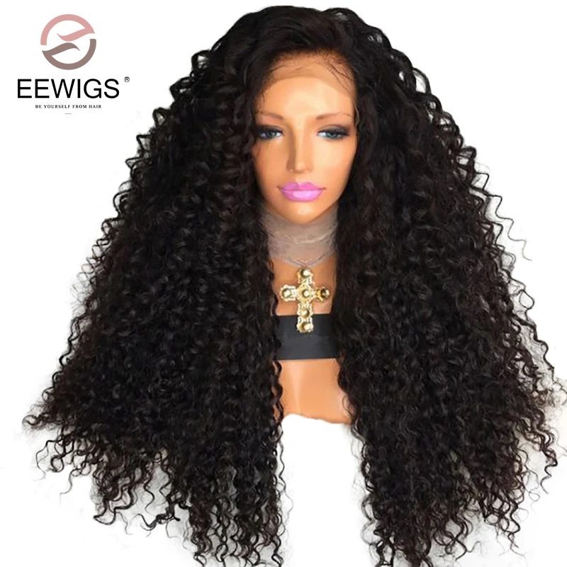 

EEWIGS High Temperature Fiber Hair Wigs Long Kinky Curly Full Hair Wigs Black Synthetic Lace Front Wig For Women With Free Part