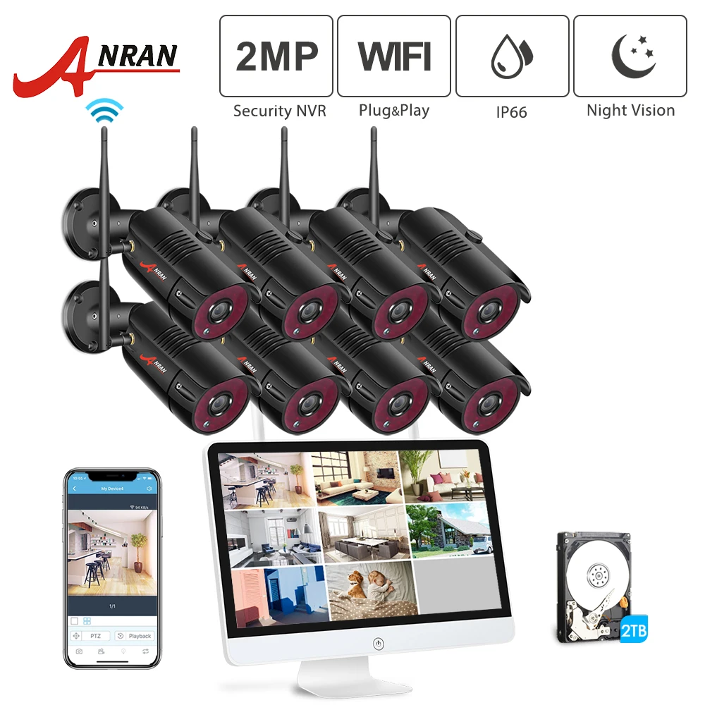 1080P 8CH Wireless Security Camera System WIFI NO//15/"LCD NVR Home Outdoor 1//2TB