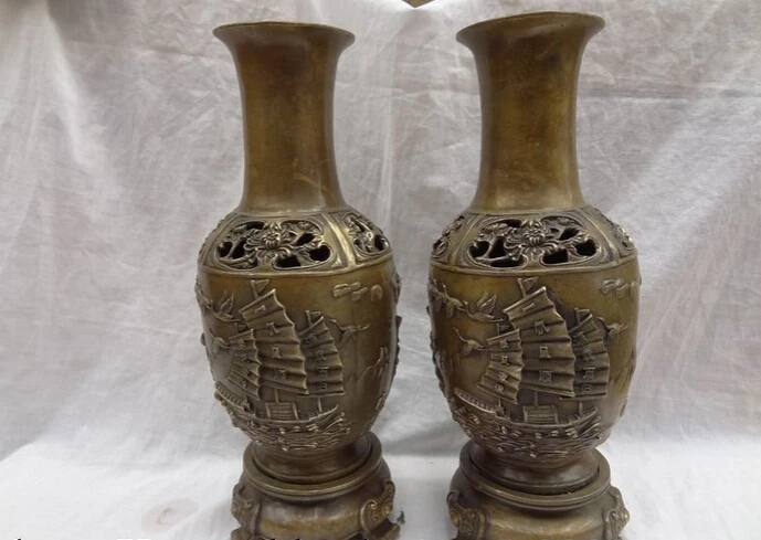 

fast shipping USPS to USA S1227 16" Folk Chinese Bronze 3 Fish Crane Statue PingAn Boat Lotus Vase Pot Pair