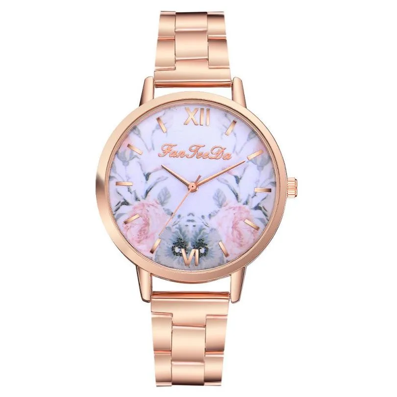 

Fashion Women Quartz Watch Stainless Steel Wristwatch Floral Print Luxury Female Bracelet Wrist Watch relogio feminino reloj
