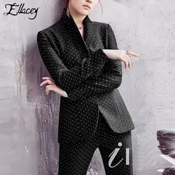 Ellacey с принтом в горошек профессиональный костюм Для женщин Blazer брюки Повседневное костюм темно-Формальные Бизнес брючный костюм Офисные