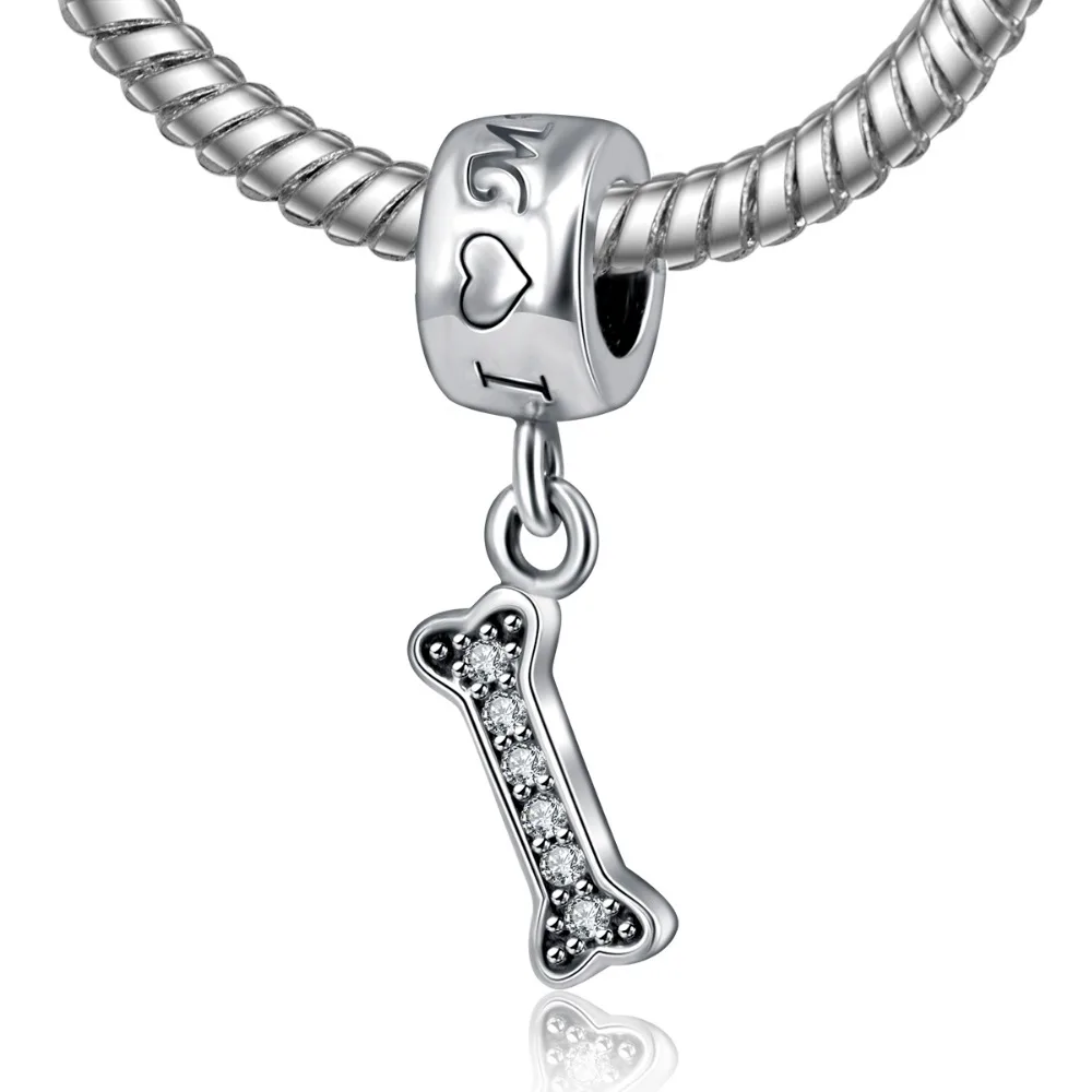 

Authentic 925 Sterling Silver Bead I love Full Crystal Dog Bone Pendant Charm Fit Pandora Bracelets Bangle DIY Charms