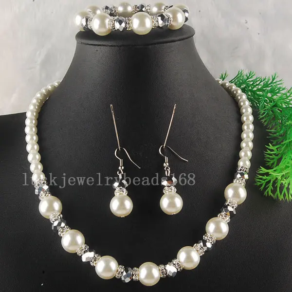 Free Shipping Jewelry Set White Pearl Crystal Necklace Bracelet Earrings 1set FG4460 | Украшения и аксессуары