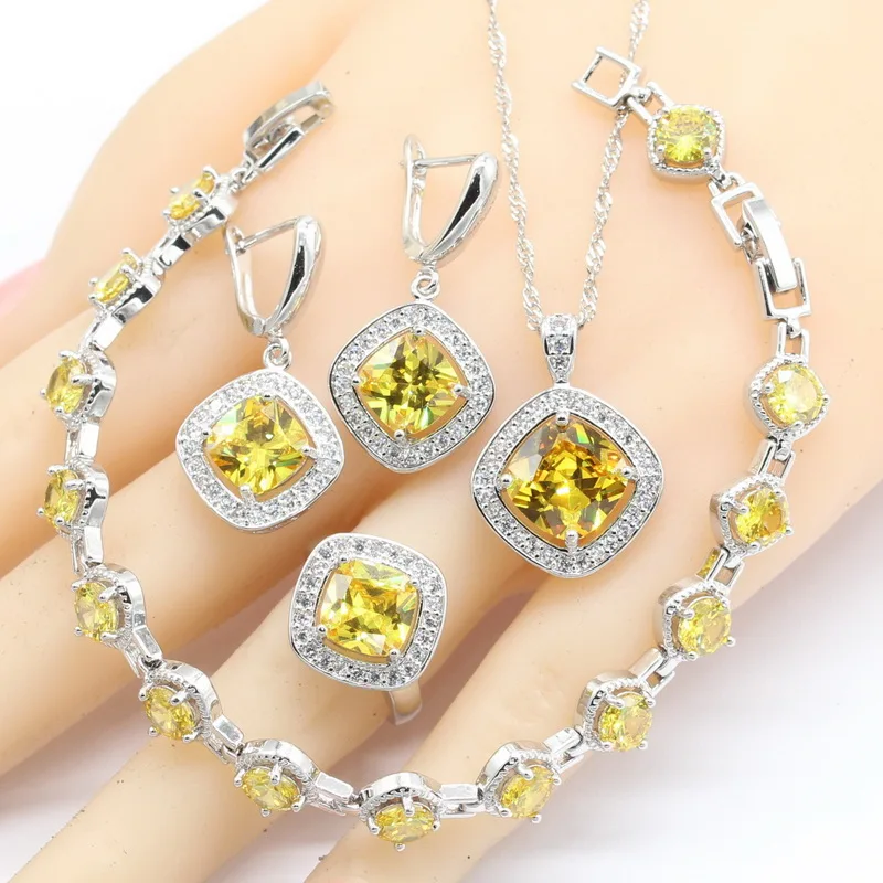 Квадратный желтый Кубический Цирконий 925 серебряные ювелирные наборы для женщин браслет серьги ожерелье кулон кольца подарочная коробка