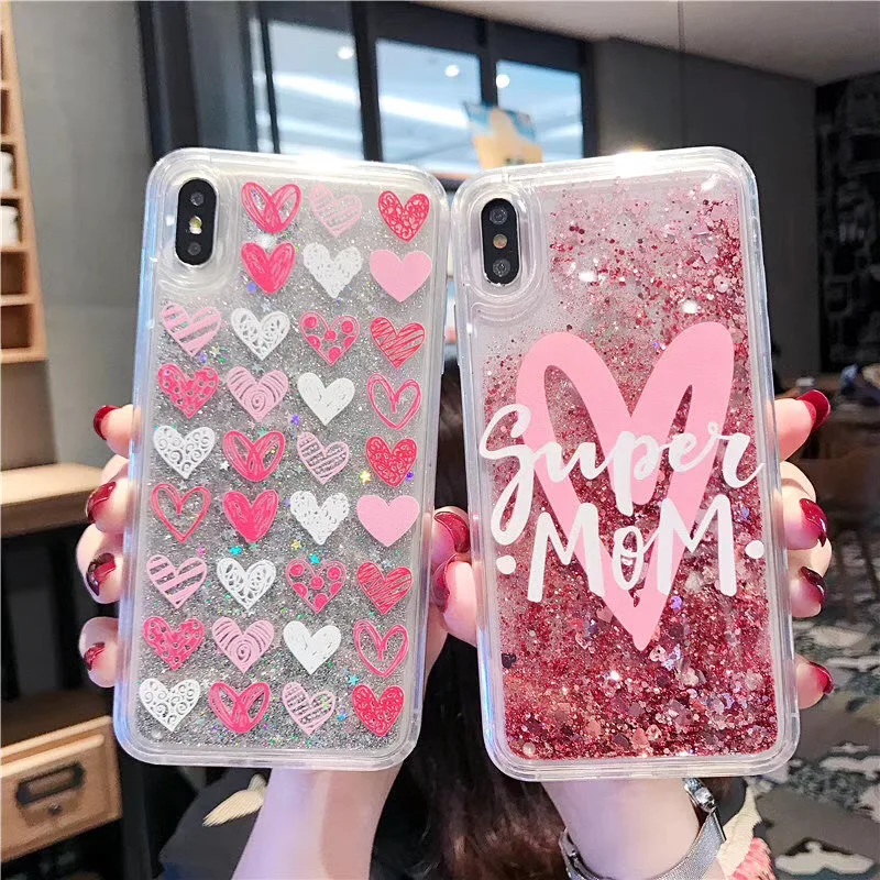 

Cute Love Heart Bling Glitter Quicksand Case For iPhone 7 8 Plus 6 6s Dynamic Liquid Hard PC Case For iPhone X XR XS Max Cover