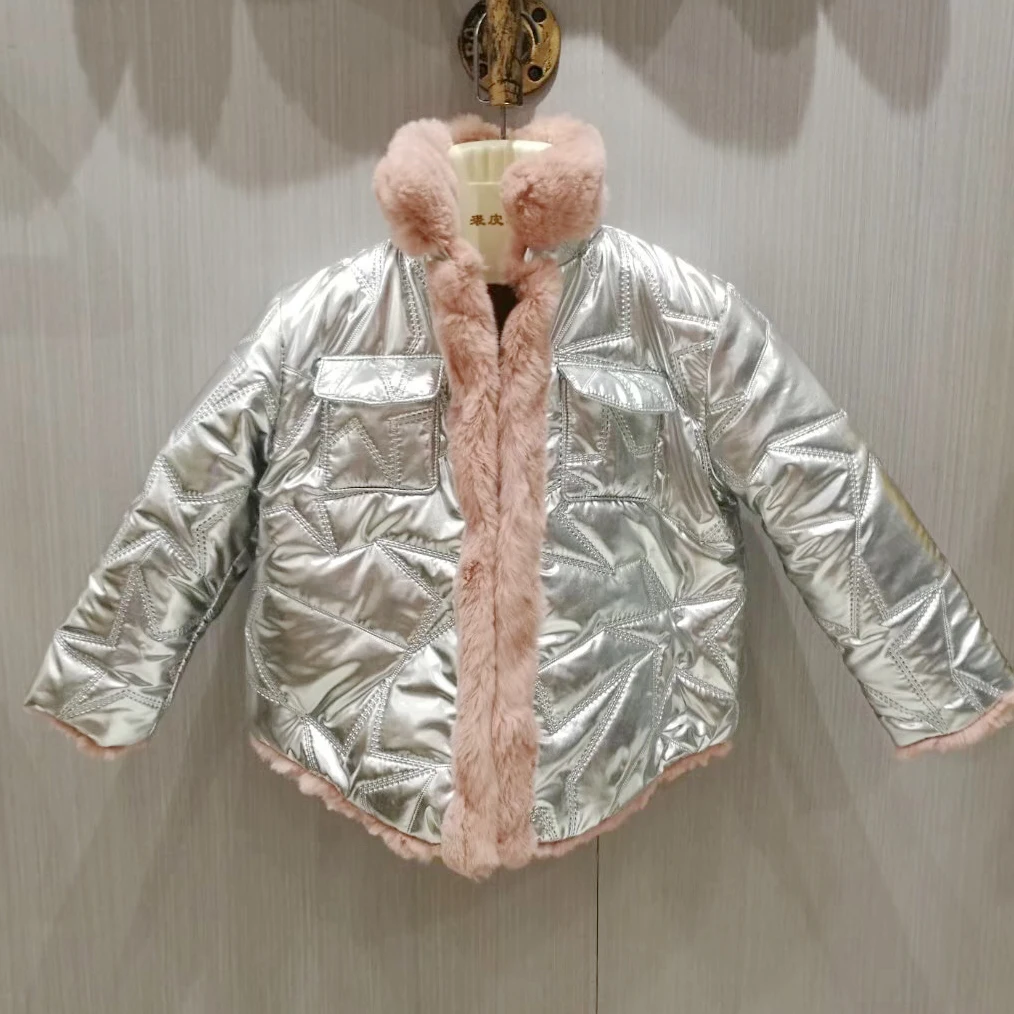 

Winter Girls Boys Natural Rabbit Fur Jacket Both Sides Wear Boys Warm Coat Fashion Silver Kids Outwear Clothes
