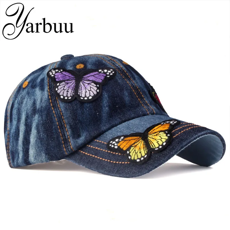 

[YARBUU]Brand Baseball Cap women casual snapback hat for Butterfly new fashion solid jeans caps summer sun lady denim cap