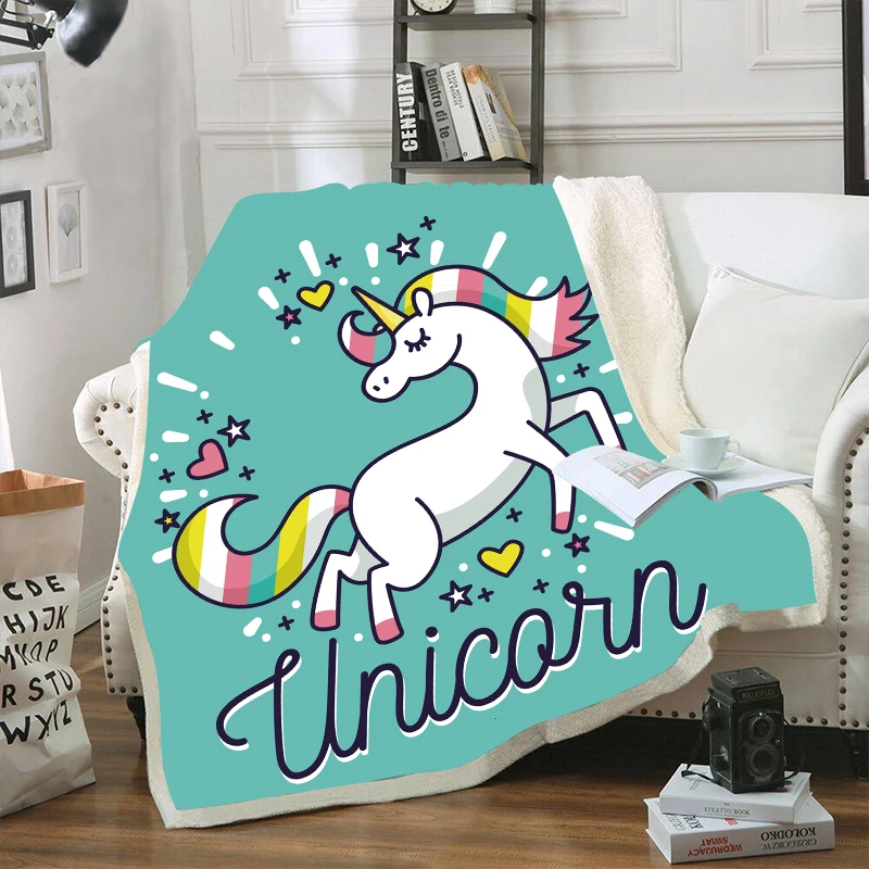 Cartoon Unicorn Print Velvet Plush Throw Blankets for Kid Adults Sherpa