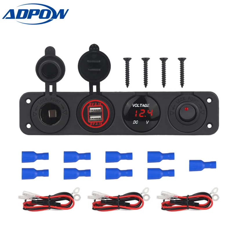 

12V LED Voltmeter Cigarette Lighter Splitter ON-OFF Toggle Switch Panel for Car Boat Marine 4.2A Dual Dual USB Socket Charger