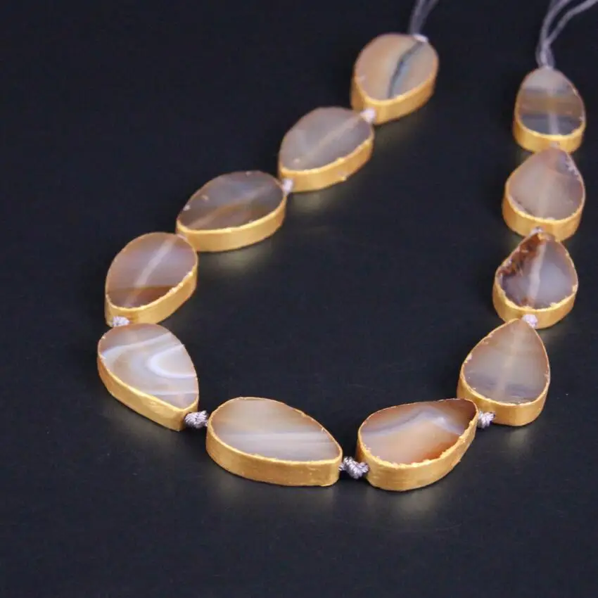 

11pcs Natural Grey Agates Flat Teardrop Loose Beads,Gold Edged Onxy Gems Stone Slab Pendants Necklace For DIY Jewelry Crafts