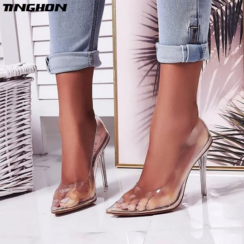 

TINGHON Summer New Fashion PVC Transparent High Heels 11cm Thin High Heel Shallow Mouth Pointed Apricot Sexy Women Shoes